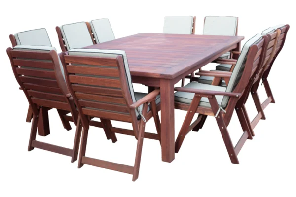 Solid Hardwood Teak 10 Seater Patio Dining Set Special (2400mm Table & 10 Highback Chairs) - Including Beige Cushions
