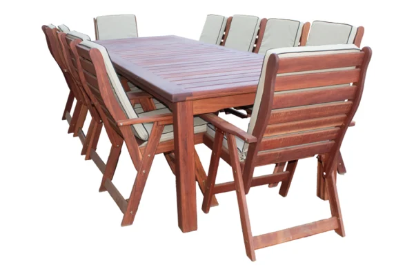 Solid Hardwood Teak 10 Seater Patio Dining Set Special (3200mm Table & 10 High back chairs) - Including Beige Cushions