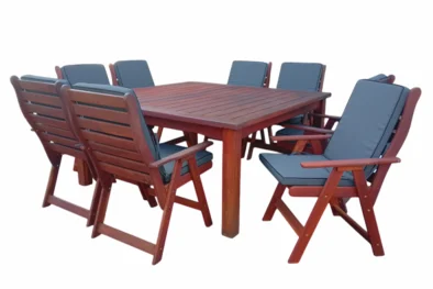 Solid Hardwood Teak 8 Seater Patio Dining Set Special (1700mm Square table & 8 Highback Chairs) Including Charcoal Cushions