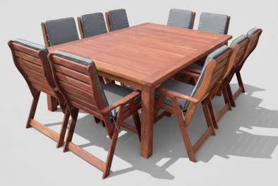 Solid Hardwood Teak 10 Seater Patio Dining Set (2400mm Table & 10 Highback Chairs) - Including Charcoal Cushions *Undercover Only*