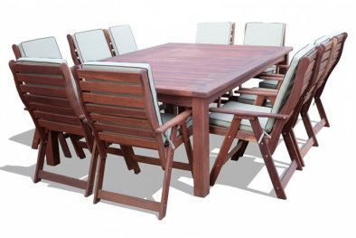Solid Hardwood Teak 10 Seater Patio Dining Set Special (2400mm Table & 10 Highback Chairs) - Including Beige Cushions