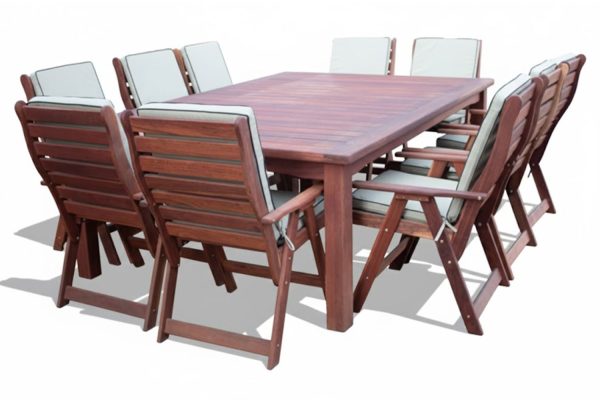Solid Hardwood Teak 10 Seater Patio Dining Set Special (2400mm Table & 10 Highback Chairs) - Including Beige Cushions