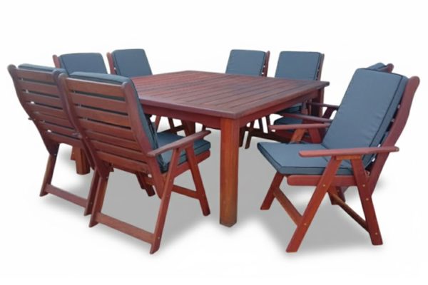 Solid Hardwood Teak 8 Seater Patio Dining Set Special (1700mm Square table & 8 Highback Chairs) Including Charcoal Cushions