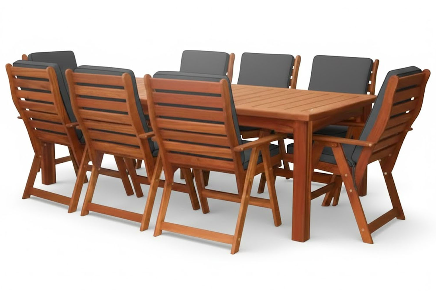 Zambezi Teak 8 Seater Patio Dining set Special (2400mm Table & 8 Highback Chairs) - Including Charcoal Cushions