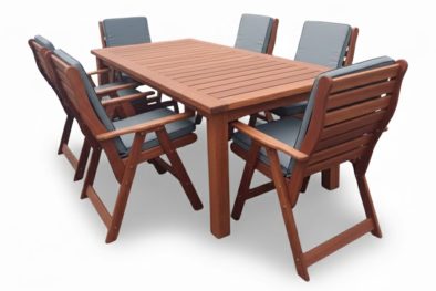 Solid Hardwood Teak 8 Seater Patio Dining Set Special (2400mm Table & 8 Highback Chairs) - Including Charcoal Cushions