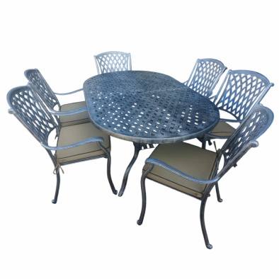 Aluminium Tuscan 6 Seater Oval Dining Set Silver with Beige Cushions