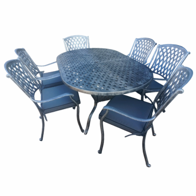 Aluminium Tuscan 6 Seater Oval Dining Set Silver with Charcoal Cushions