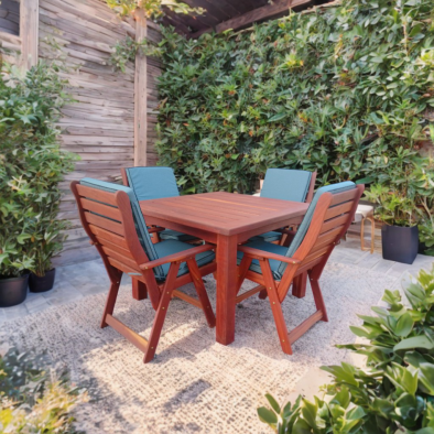 Zambezi Teak 4 Seater Patio Dining Set Special (1100mm Table & 4 Highback chairs)  - Including Charcoal Cushions