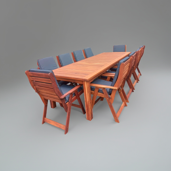 Solid Hardwood Teak 10 Seater Patio Dining Set Special (3200mm Table & 10 High back chairs) - Including Charcoal Cushions