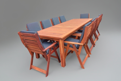 Solid Hardwood Teak 10 Seater Patio Dining Set Special (3200mm Table & 10 High back chairs) - Including Charcoal Cushions