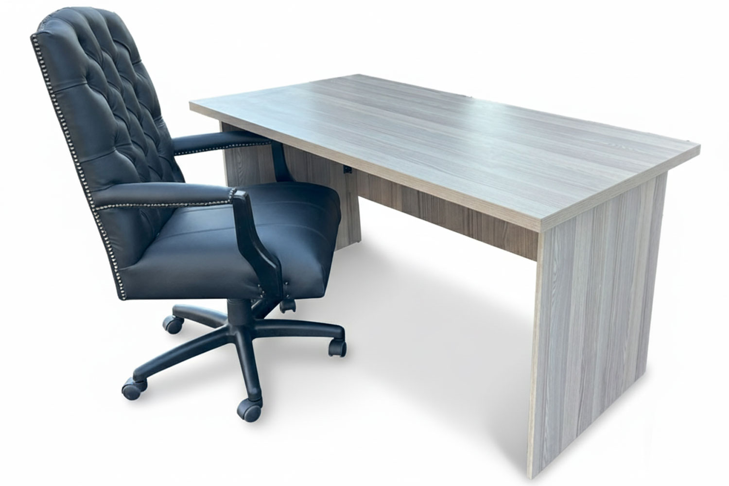 2 Piece Office Set Special (IQ Desk 1500, 1 Empire executive black genuine leather button chair & Mobile pedestal) Aged Oak