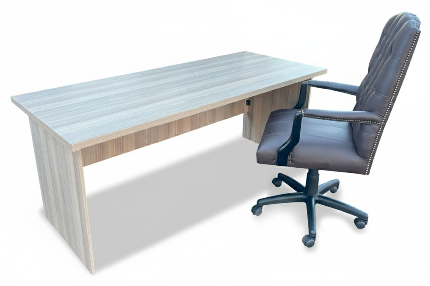 2 Piece Office Set Special (IQ Desk 1800, 1 Empire executive brown genuine leather button chair & Mobile pedestal) Aged Oak