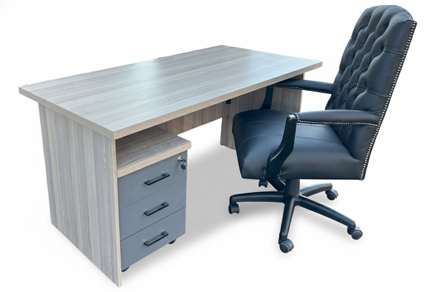 3 Piece Office Set Special (IQ Desk 1500, 1 Empire executive black genuine leather button chair & Mobile pedestal) Aged Oak