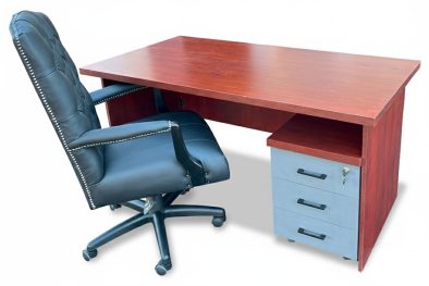 3 Piece Office Set Special (IQ Desk 1500, 1 Empire executive black genuine leather button chair & Mobile pedestal) Royal Mahogany