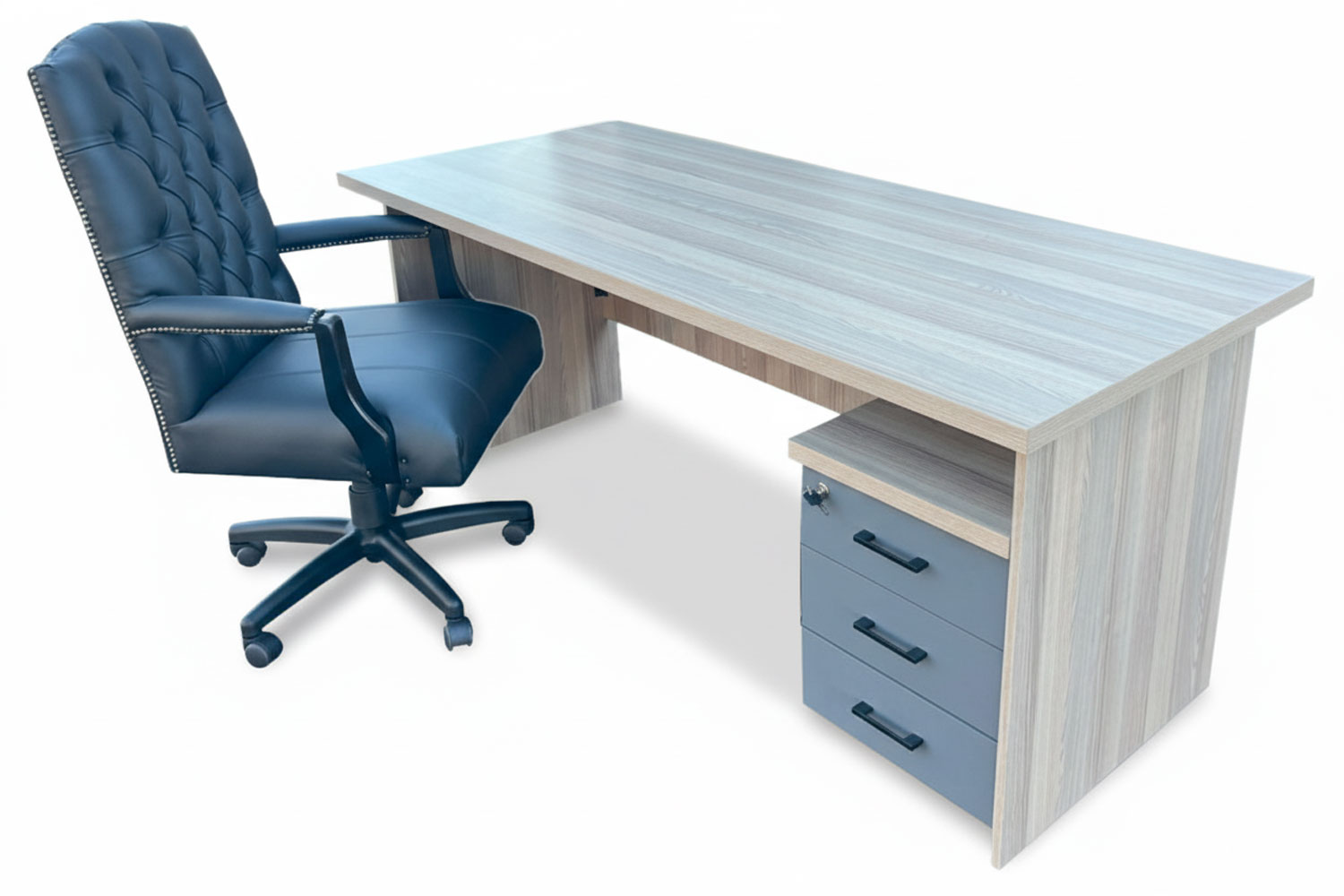 3 Piece Office Set Special (IQ Desk 1800, 1 Empire executive black genuine leather button chair & Mobile pedestal) Aged Oak