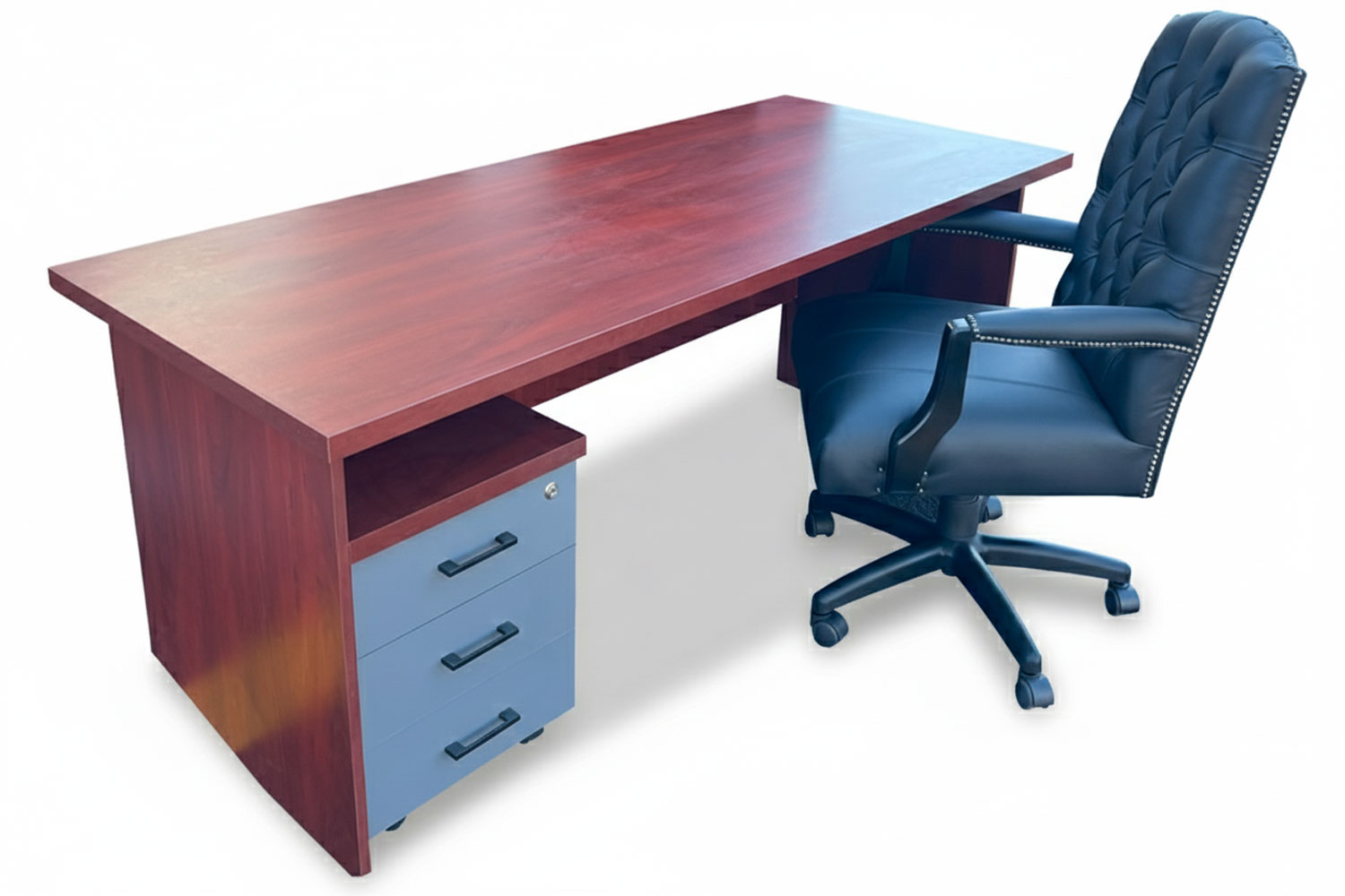 3 Piece Office Set Special (IQ Desk 1800, 1 Empire executive black genuine leather button chair, Bookcase & Mobile pedestal) Royal Mahogany