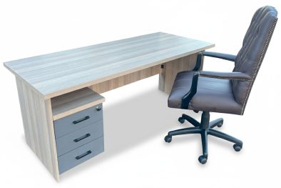 3 Piece Office Set Special (IQ Desk 1800, 1 Empire executive brown genuine leather button chair & Mobile pedestal) Aged Oak