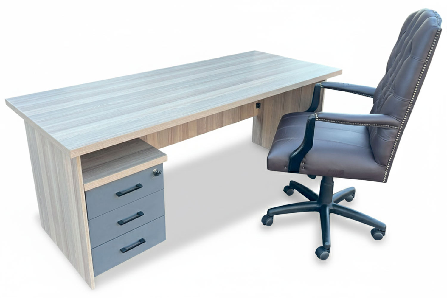 3 Piece Office Set Special (IQ Desk 1800, 1 Empire executive brown genuine leather button chair & Mobile pedestal) Aged Oak