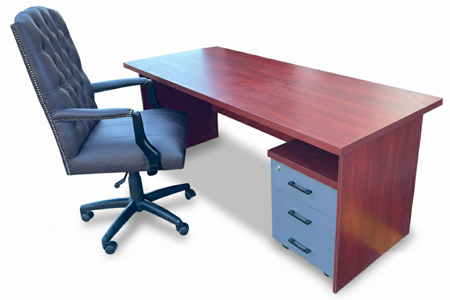 3 Piece Office Set Special (IQ Desk 1800, 1 Empire executive brown genuine leather button chair, Bookcase & Mobile pedestal) Royal Mahogany