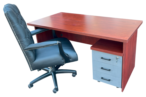 3 Piece Office Set Special (IQ Desk 1500, 1 Empire executive black genuine leather button chair & Mobile pedestal) Royal Mahogany