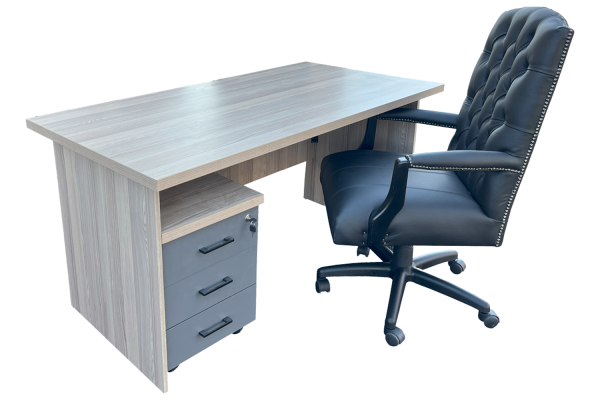 3 Piece Office Set Special (IQ Desk 1500, 1 Empire executive black genuine leather button chair & Mobile pedestal) Aged Oak