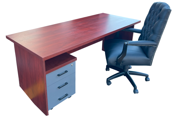 3 Piece Office Set Special (IQ Desk 1800, 1 Empire executive black genuine leather button chair, Bookcase & Mobile pedestal) Royal Mahogany