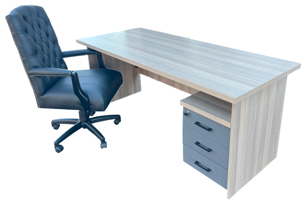 3 Piece Office Set Special (IQ Desk 1800, 1 Empire executive black genuine leather button chair & Mobile pedestal) Aged Oak