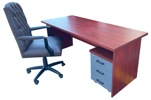 3 Piece Office Set Special (IQ Desk 1800, 1 Empire executive brown genuine leather button chair, Bookcase & Mobile pedestal) Royal Mahogany