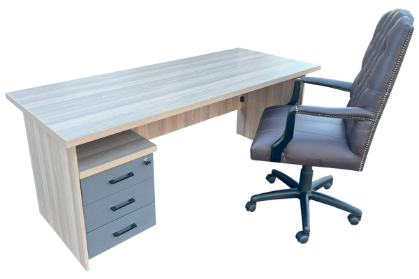 3 Piece Office Set Special (IQ Desk 1800, 1 Empire executive brown genuine leather button chair & Mobile pedestal) Aged Oak