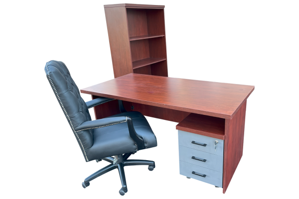 4 Piece Office Set Special (IQ Desk 1500, 1 Empire executive black genuine leather button chair, Bookcase & Mobile pedestal) Royal Mahogany