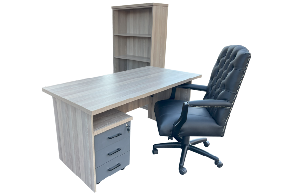 4 Piece Office Set Special (IQ Desk 1500, 1 Empire executive genuine black leather button chair, IQ 4 tier Bookcase & Mobile pedestal) Aged Oak