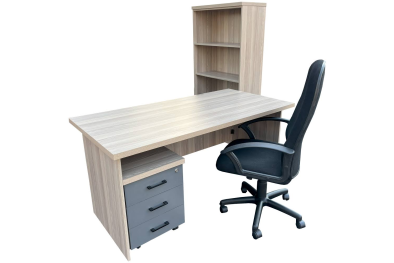 4 Piece Office Set Special (IQ Desk 1500, 1 Mono Highback chair, IQ Bookcase & Mobile Pedestal) Aged Oak