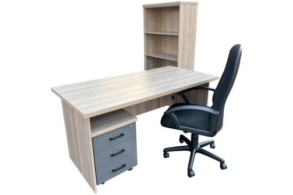 4 Piece Office Set Special (IQ Desk 1500, 1 Mono Highback chair, IQ Bookcase & Mobile Pedestal) Aged Oak