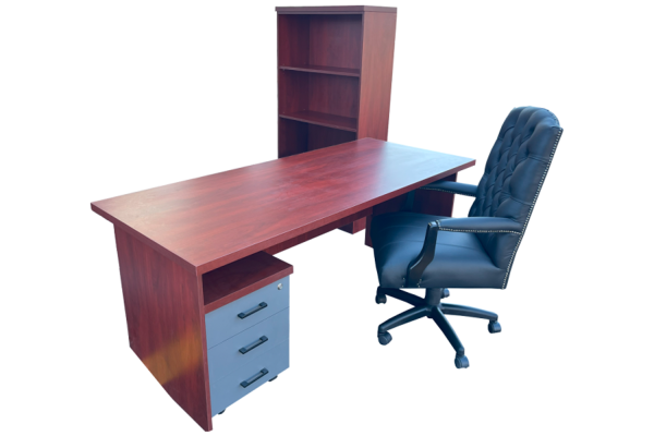 4 Piece Office Set Special (IQ Desk 1800, 1 Empire executive black genuine leather button chair, Bookcase & Mobile pedestal) Royal Mahogany