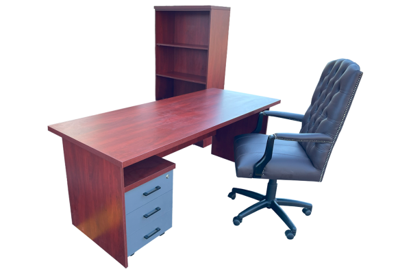 4 Piece Office Set Special (IQ Desk 1800, 1 Empire executive brown genuine leather button chair, Bookcase & Mobile pedestal) Royal Mahogany