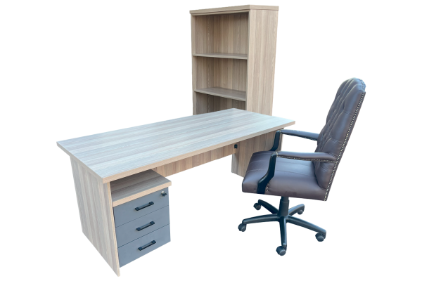 4 Piece Office Set Special (IQ Desk 1800, 1 Empire executive brown genuine leather button chair, IQ 4 tier Bookcase & Mobile pedestal) Aged Oak