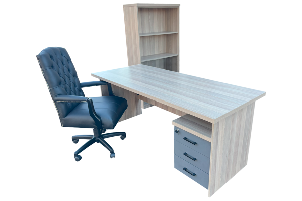 4 Piece Office Set Special (IQ Desk 1800, 1 Empire executive genuine black leather button chair, IQ 4 tier Bookcase & Mobile pedestal) Aged Oak