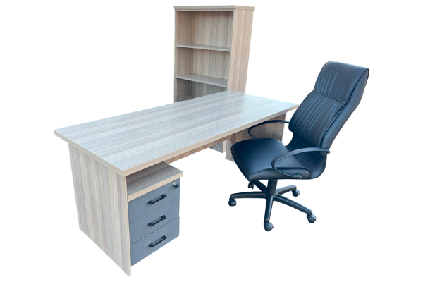 4 Piece Office Set Special (IQ Desk 1800, 1 Future High back Chair, Bookcase & IQ Mobile Pedestal) Aged Oak