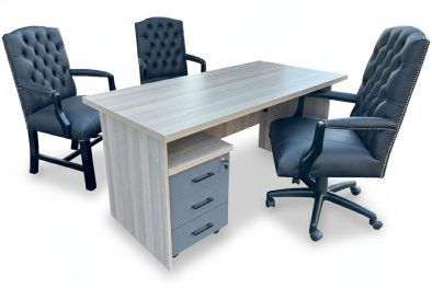 5 Piece Office Set Special (IQ Desk 1500, 1 Empire executive black genuine leather button chair, 2 Empire black genuine leather arm chairs & Mobile pedestal) Aged Oak