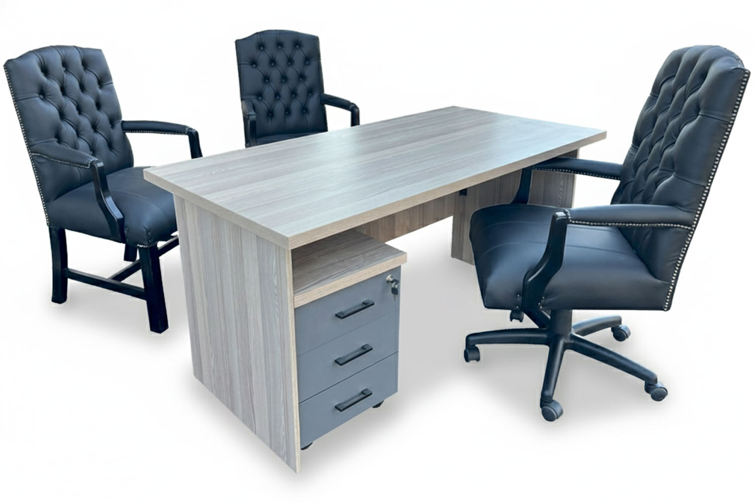 5 Piece Office Set Special (IQ Desk 1500, 1 Empire executive black genuine leather button chair, 2 Empire black genuine leather arm chairs & Mobile pedestal) Aged Oak