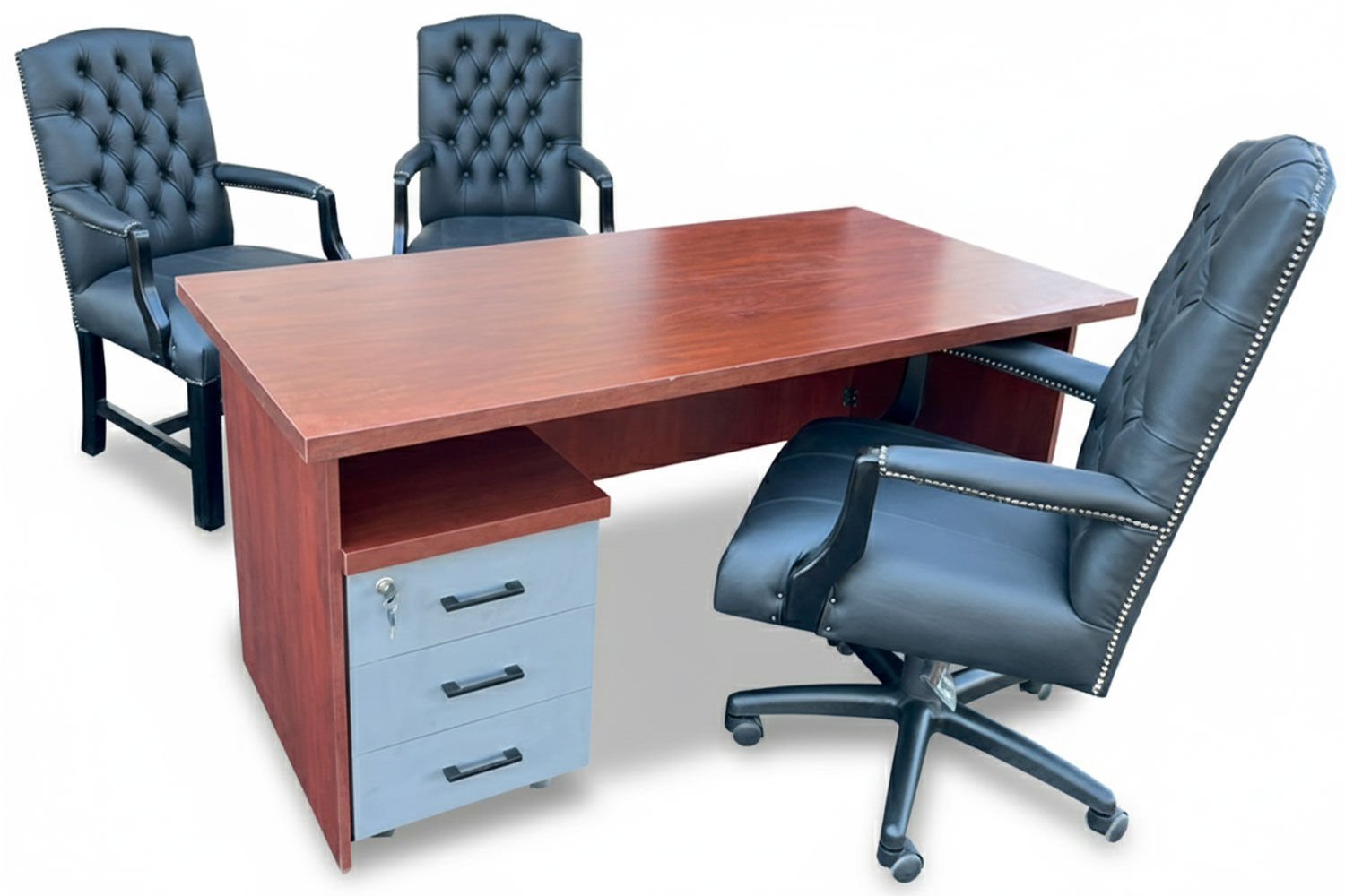 5 Piece Office Set Special (IQ Desk 1500, 1 Empire executive black genuine leather button chair, 2 Empire black genuine leather arm chairs & Mobile pedestal) Royal Mahogany