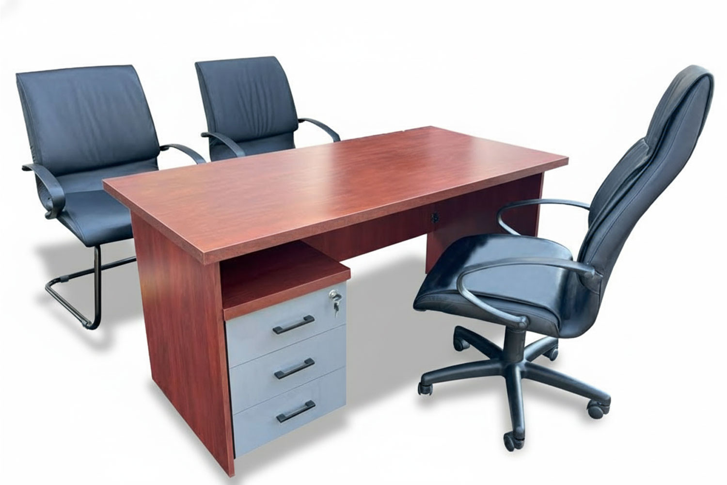 5 Piece Office Set Special (IQ Desk 1500, 1 Future Highback chair & 2 Future Vistors chairs & Mobile Pedestal) Royal Mahogany