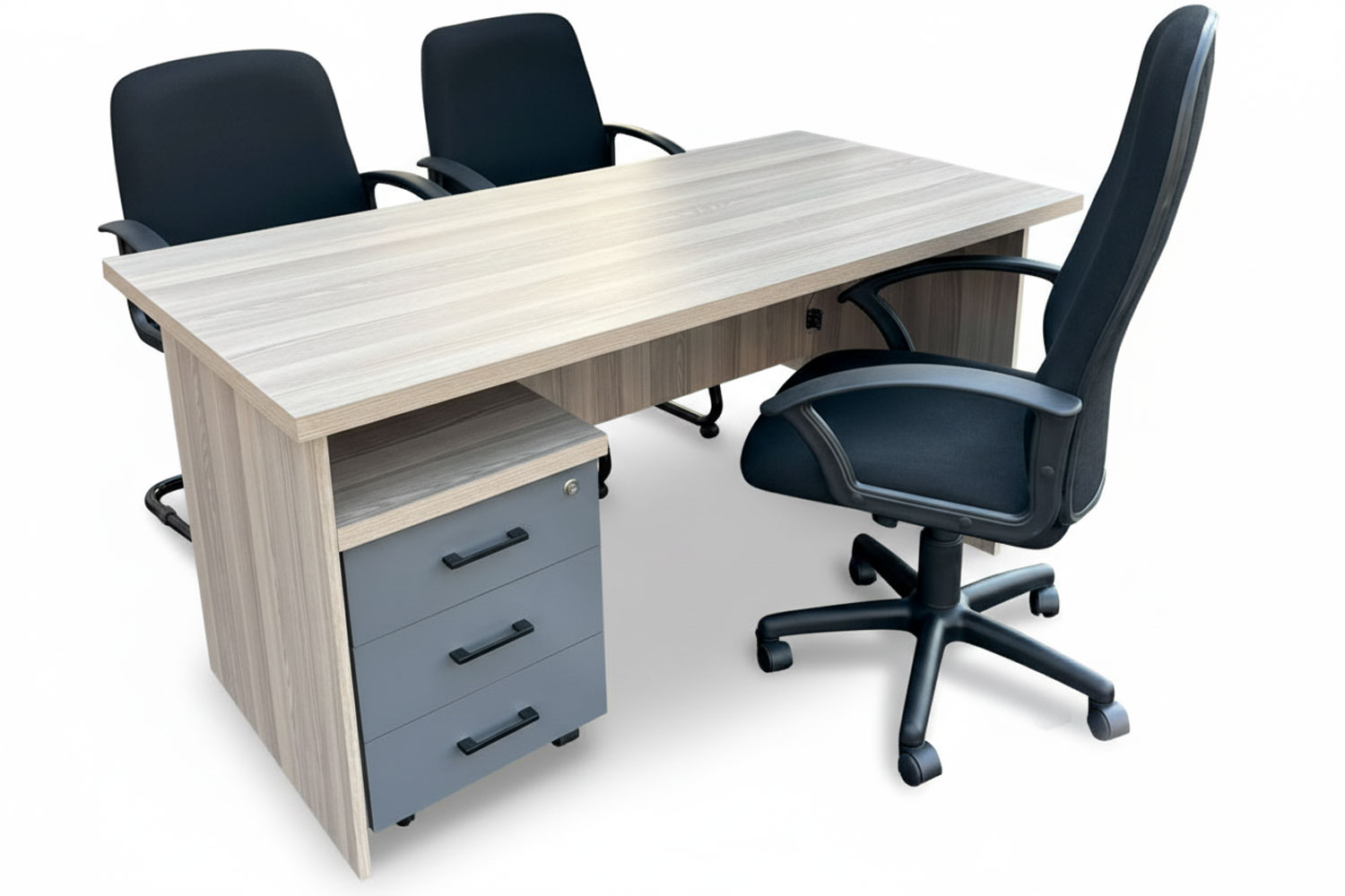 5 Piece Office Set Special (IQ Desk 1500, 1 Mono Highback chair & 2 Mono Vistors chairs & Mobile Pedestal) Aged Oak