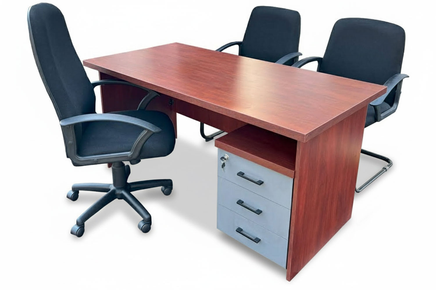 5 Piece Office Set Special (IQ Desk 1500, 1 Mono Highback chair & 2 Mono Vistors chairs & Mobile Pedestal) Royal Mahogany