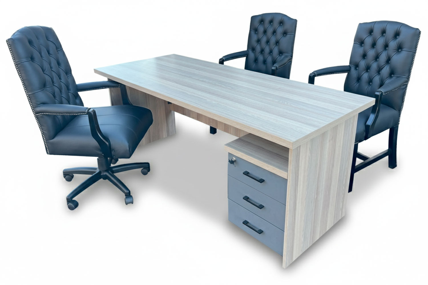 5 Piece Office Set Special (IQ Desk 1800, 1 Empire executive black genuine leather button chair, 2 Empire black genuine leather arm chairs & Mobile pedestal) Aged Oak