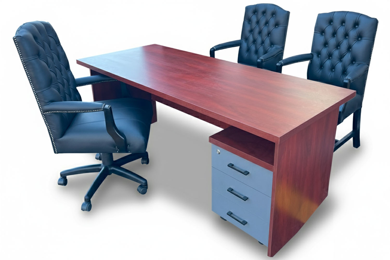 5 Piece Office Set Special (IQ Desk 1800, 1 Empire executive black genuine leather button chair, 2 Empire black genuine leather arm chairs & Mobile pedestal) Royal Mahogany