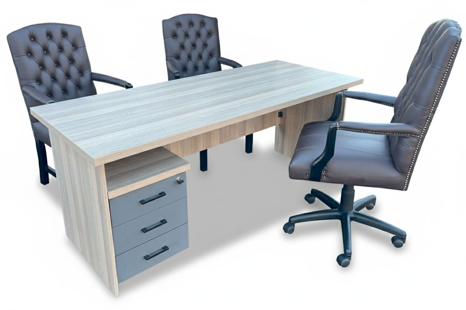 5 Piece Office Set Special (IQ Desk 1800, 1 Empire executive brown genuine leather button chair, 2 Empire brown genuine leather arm chairs & Mobile pedestal) Aged Oak