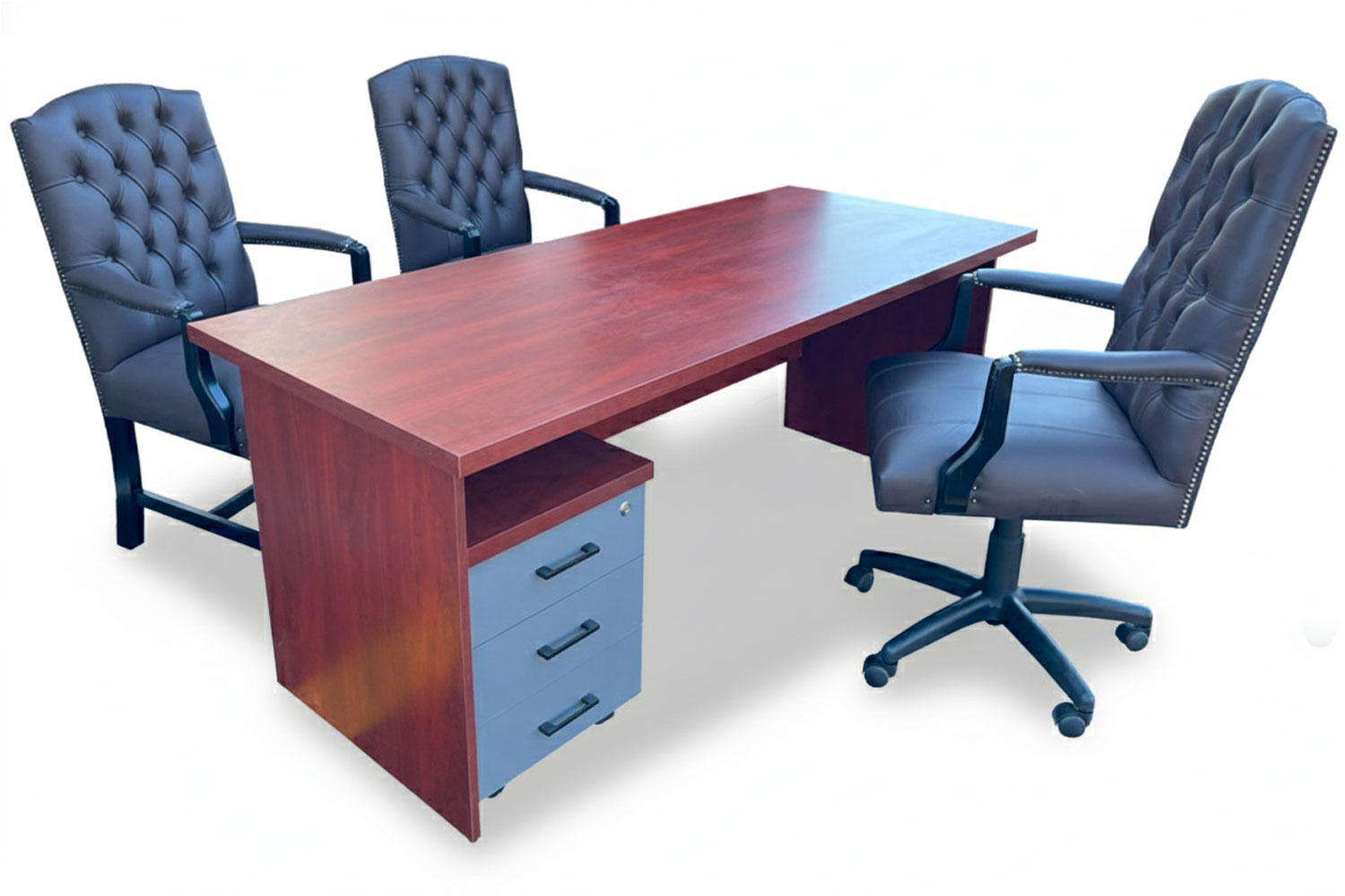 5 Piece Office Set Special (IQ Desk 1800, 1 Empire executive brown genuine leather button chair, 2 Empire brown genuine leather arm chairs & Mobile pedestal) Royal Mahogany