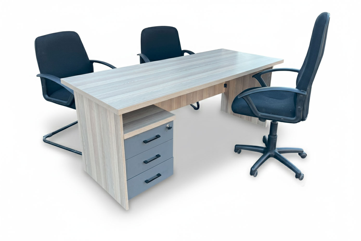 5 Piece Office Set Special (IQ Desk 1800, 1 Mono High back Chair, 2 Mono Visitors Chairs & IQ Mobile Pedestal) Aged Oak