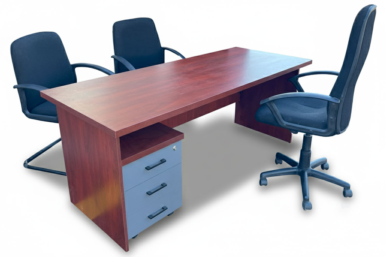 5 Piece Office Set Special (IQ Desk 1800, 1 Mono High back Chair, 2 Mono Visitors Chairs & IQ Mobile Pedestal) Royal Mahogany